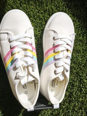 Ardene Cream Canvas Sneakers with Pink, Yellow & Aqua Stripes